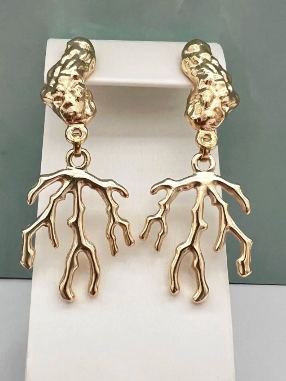 Gold Coral Branch Drop Earrings Coastal Statement Jewelry